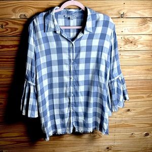 Marc New York large plaid button up blouse ruffle sleeves frayed bottom blue